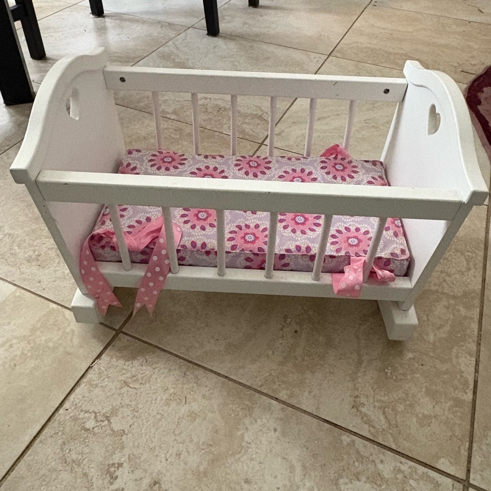 American Girl, Bitty Baby White Wooden Doll Cradle with Pink Bedding